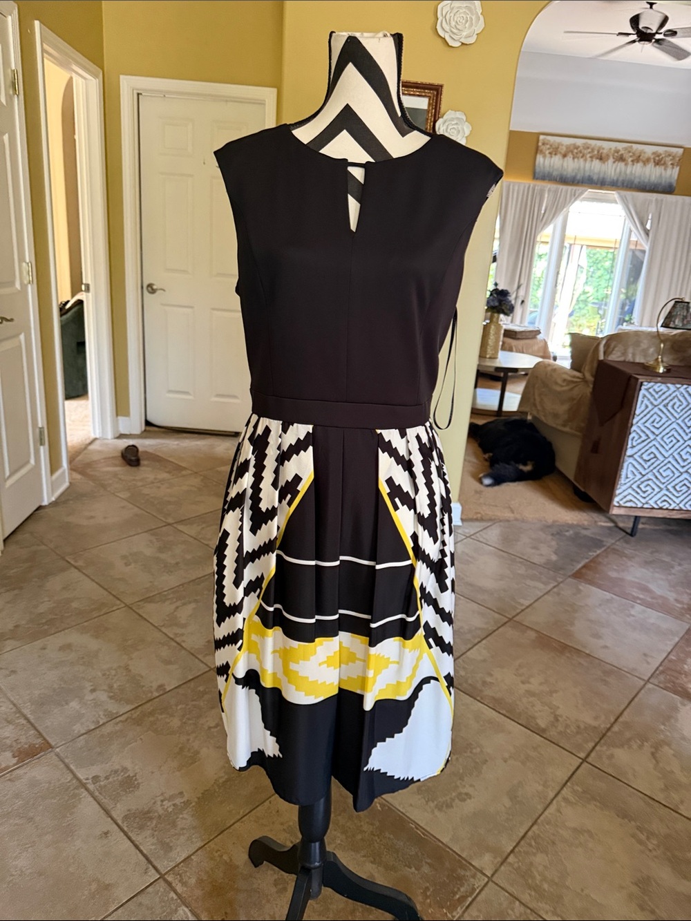 Ellen Tracy Black Sleeveless Dress with Black, White & Yellow Graphic Skirt